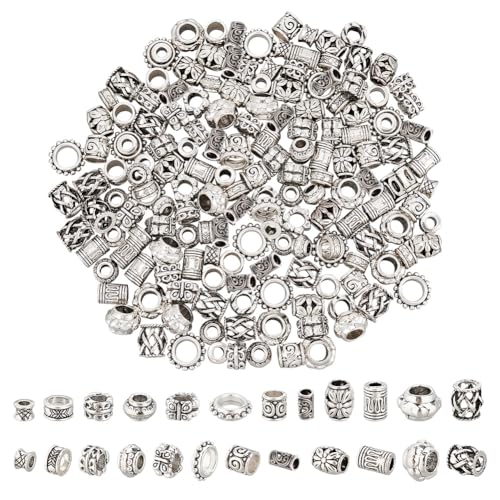nbeads 180 Stück 12 Stile Legierung Haarperlen, Tibetischer Stil Europäische Perlen Großes Loch Bartperlen Antike Silber Schmetterling Perlen Dreadlock für Schmuck Herstellung, Loch: 3.5~7mm von nbeads