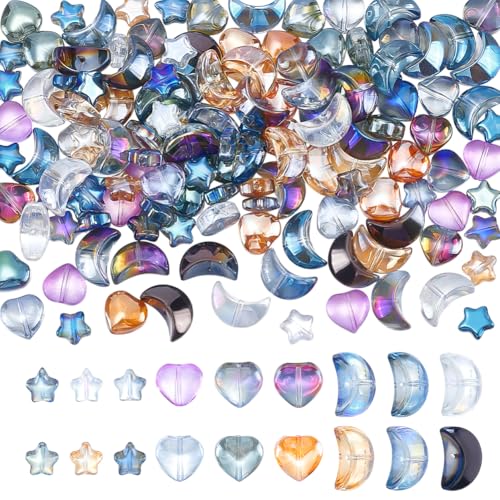NBEADS 180 Stück 18 Stile Galvanisierte Glasperlen, Mondstern Herz Lose Perlen Abstandsperlen Sortiment Zubehör Für Ohrringe Armbänder Halsketten Schlüsselanhänger Schmuck DIY Basteln von nbeads