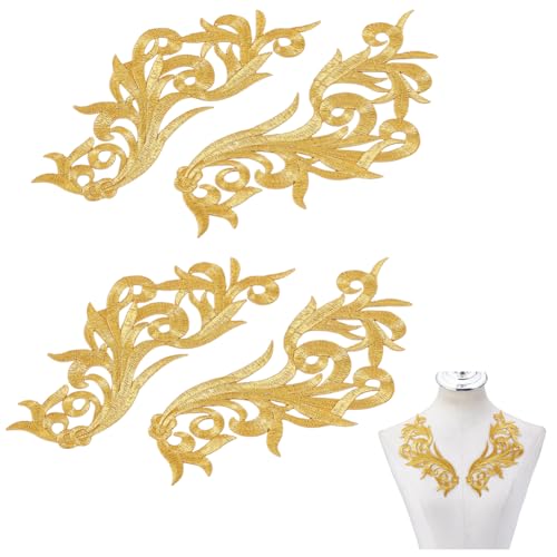 NBEADS 2 Paare Gestickte Applique Aufnäher, Aufnäher Aufnäher mit gestickter Spitzenapplikation für Hochzeitskleid Dekoration Reparatur Kleidung, Gold, 21.3x9cm von nbeads