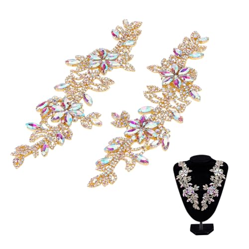 NBEADS 2 Stk. Symmetrische Strass-Applikation Patch, Blume AB Kristall Applique Aufnäher Hochzeit Braut Gürtel Applique für DIY Kleidung Hochzeitskleid Dekoration, Gold, 22x6.7cm von nbeads