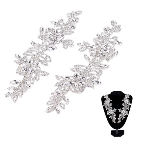 NBEADS 2 Stk. Symmetrische Strass-Applikation Patch, Blume AB Kristall Applique Aufnäher Hochzeit Braut Gürtel Applique für DIY Kleidung Hochzeitskleid Dekoration, Silber, 22x6.7cm von nbeads
