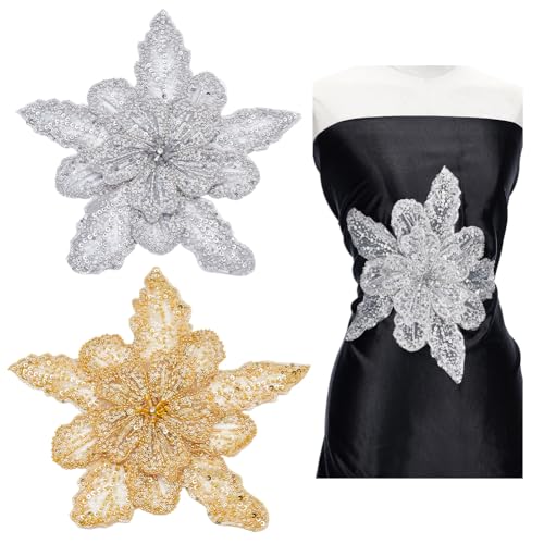 NBEADS 2 Stück 2 Farben Handgefertigte Strass-Applikation, Spitzen-Patches Paillettenperlen Perlenapplikation Zum Nähen Perlen Steine Spitzenbesatz Patches, 27x30x1.35cm von nbeads