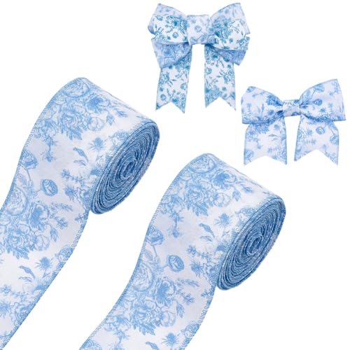 NBEADS 20m Floral verdrahtet Rand Farbband Rolle, 61mm Blumenmuster verdrahtet Rand Stoff Band für Hochzeit Brautkranz Schleife DIY Crafts, Blau von nbeads