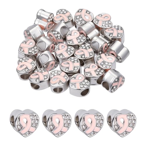 NBEADS 24 Stk. Brustkrebs-Bewusstsein Perlen, Rosa Schleife Perlen mit Strasssteinen Großes Loch Herz Europäische Perlen für Armband Halskette DIY Schmuck machen, Loch: 4mm von nbeads