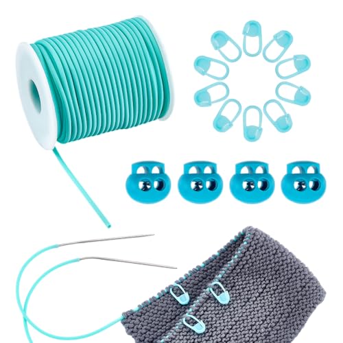 NBEADS 25 m Gummischnur, 3mm Hohlgummi Schlauch Stricken Barber Cord Stitch Keeper mit Plastik Schnurschlössern Plastik-Stichmarker für Stiche Sicken Schmuckherstellung, Türkis von nbeads