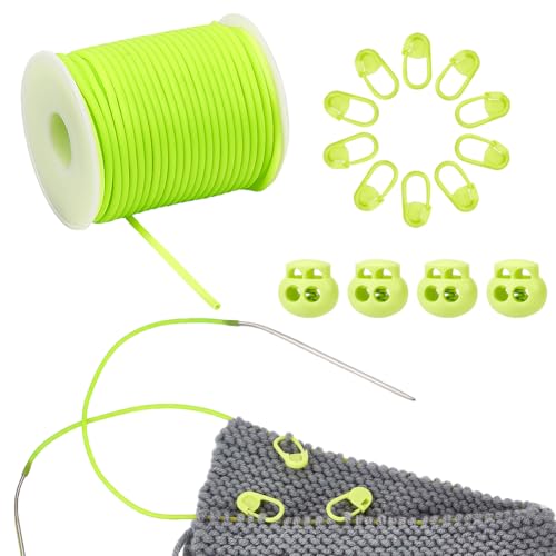 NBEADS 25 m Gummischnur, 3mm Hohlgummischlauch mit 4 STK. Schnurschlösser und 30 Stck. Stich-Nadel-Clip zum Halten von Stichen Armband Halskette Perlenstickerei, Grün Gelb von nbeads