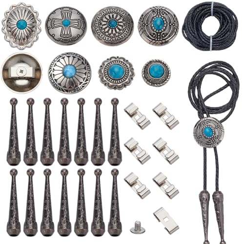 NBEADS 28 Stück Bolo Tie Findings Kit, Bolo Tie Schnalle Zubehör mit 14 St. Kordelende 7 St. Bolo Krawatte Schiebeverschlüsse 7 St. Türkisfarbene Schraubnieten 5m Kordeln für Bolo Tie Herstellung von nbeads