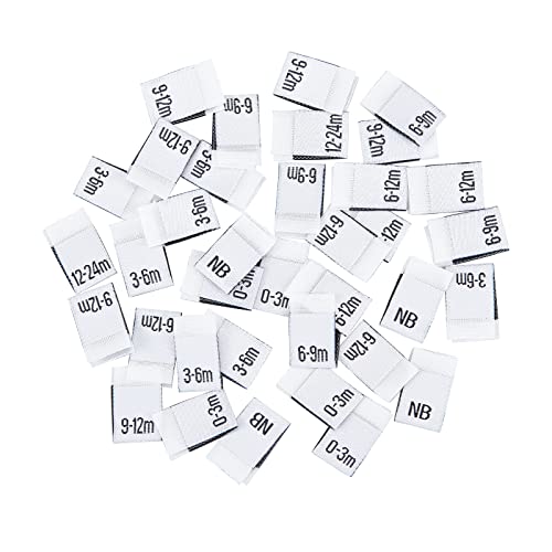 NBEADS 280 Stück Monatsetiketten für Kleidung, 7 Stile, Größenetiketten, Bestickte Etiketten, Rechteckig, Weiß, Polyester, Zubehör für Nähen und Aufnähen von nbeads