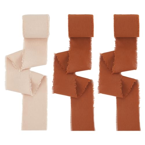 NBEADS 3 Rolle 3 Farben Baumwollband, 4cm×5m Handgefertigt Ausgefranste Bänder Stoffbänder Mit Ausgefransten Fransen Baumwollband Mit Rohen Kanten Zum Verpacken von Geschenken, Kamel von nbeads