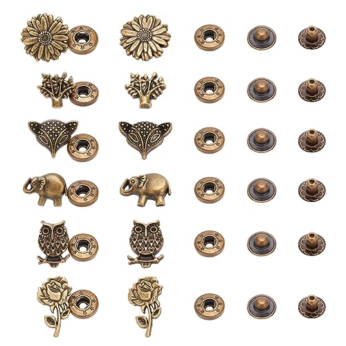 NBEADS 30 Sets 6 Stile Messing-Druckknöpfe, Abnehmbare Metall-Jeansknöpfe Ohne Nähen Ersatz-Reparaturknöpfe, Vintage-Druckknopfverschlüsse Für Damen- Und Herren-Jeansbekleidungszubehör, Antik Bronze von nbeads