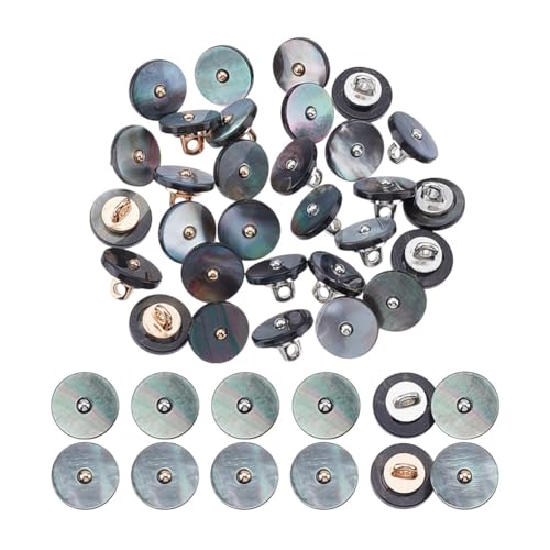 NBEADS 30 Stück 2 Farben Legierung Muschel Schaftknöpfe, 11mm Schwarze Naturperlen Perlenknöpfe Mit Goldenem Und Silbernem Schaft Für Kostüme Nähen Basteln Häkeln Ornamente, Bohrung: 1.8mm von nbeads