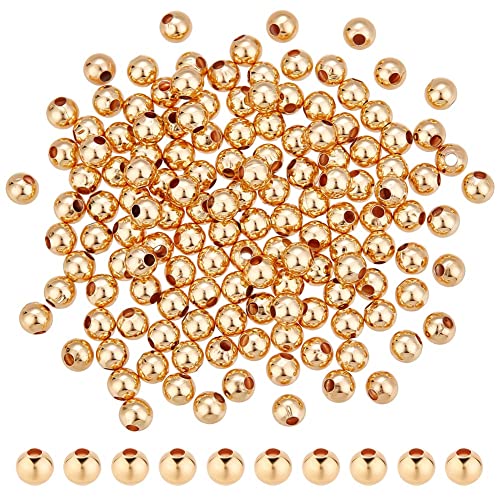 nbeads 300 Stück 4 mm Vergoldete Messing Perlen, Echte 18 Karat Vergoldete Massive Messing Perlen Runde Glatte Zwischenperlen Gold Metallperlen für Armband Ohrring Schmuckherstellung, 1.2 mm Loch von nbeads