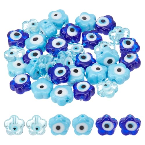 NBEADS 36 Stück 3 Farben Handgefertigt Evil Eye Lampwork Perlen, Blume Flach Rund Scheibe Türkisches Auge Perlen für DIY-Schmuckherstellung von nbeads