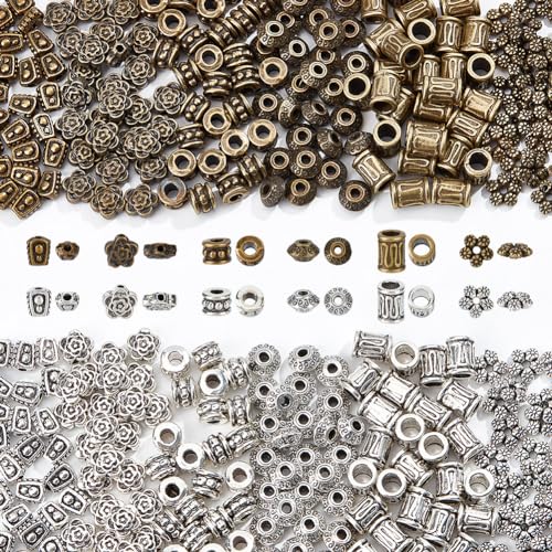 NBEADS 360 Stück Perlen aus Legierung im tibetischen Stil, 12 Stile, Metallperlen, gemischte Farben, Abstandshalter, Legierung, lose Perlen für DIY-Schmuckherstellung, Loch: 1–4 mm von nbeads