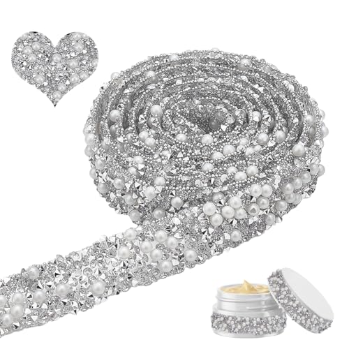 NBEADS 4 Yards Harz Perlen Kristall Strass Band, 1.4cm Breite Selbstklebende Strass-Bänder Perlen Band mit Hotfix Strassstein Braut Band Trim für Hochzeit Brautkleid Schuhe Telefon, Silber NBEADS 4 Yards Harz Perlen Kristall Strass Band, 1.4cm Breite Selbstklebende Strass-Bänder Perlen Band mit Hotfix Strassstein Braut Band Trim für Hochzeit Brautkleid Schuhe Telefon, Silber von nbeads