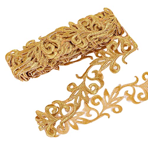 NBEADS 4.37 Yard Gold Stickerei Polyesterbänder, 3.4cm Breite Selbstklebende Goldruten-Spitzenborte Zum Aufbügeln von Metallischer Blumenspitze Zum Nähen von Kostümen, Kleidern, Heimdekoration von nbeads