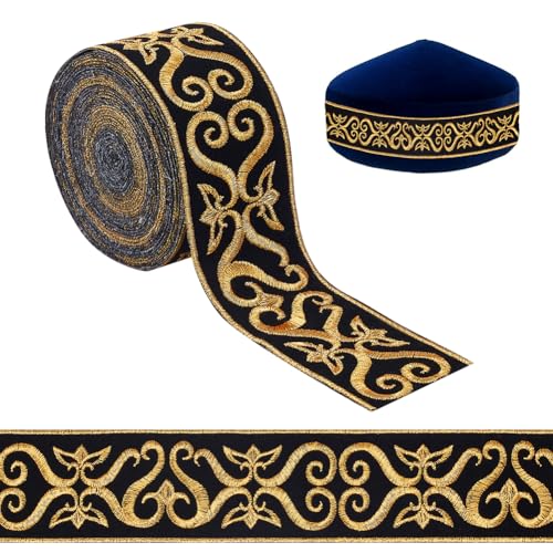NBEADS 4.5m Schwarz Gold Jacquard-Farbband Trim, 4.85cm Breite Florale Verzierung Aufbügeln Stickerei gewebtes Band Fransen Band Stoff Trim für Nähen Kleidung Home Decor Hochzeit Tasche Riemen von nbeads