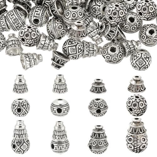 NBEADS 40 Stück 4 Stile Guru Perlen, Tibetischer Stil Legierung Perlen 3-Loch-Kürbis-Perlen T-gebohrte Perlen für Mala Gebet Armband Rosenkranz Halskette Schmuck machen, Antikes Silber von nbeads