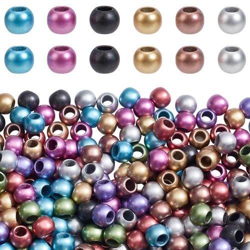 NBEADS 400 Stück Metallische Acryl-Perlen Mit Großem Loch, Matte Undurchsichtige Acrylperlen Runde Abstandsperlen Zur Herstellung von Armbändern Halsketten Schmuck Bastelperlen, Bohrung: 5.7mm von nbeads