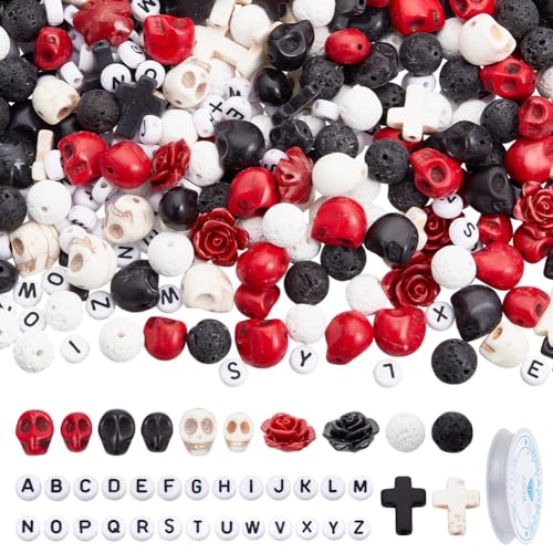 NBEADS 460 Stk. Halloween Totenkopf Perlen Kit, Synthetische Türkis Kreuz Perlen Natürliche Lava Rock Blume Rose Spacer Perlen für Schmuckherstellung Armbänder Halsketten DIY Crafts von nbeads