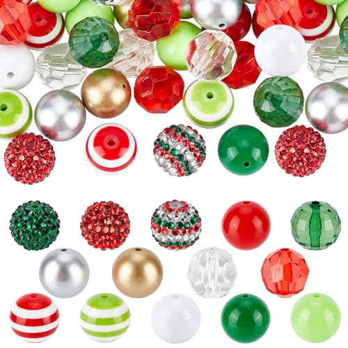 NBEADS 50 Stk. Weihnachten Bubblegum Perlen, 20mm Runde Harz-Acryl-Perlen Weihnachten Chunk Perlen Strass Gumball Perlen für Schmuckherstellung Armbänder Halskette DIY Handwerk, Loch: 2-3.5mm von nbeads