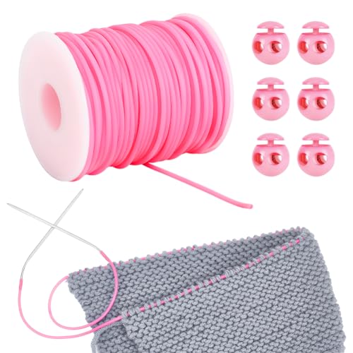 NBEADS 55 Yards Masche Schnüre Halten, 2mm Hohle Gummischlauch-Strickschnur Stitch Keeper mit Cord Locks zum Halten von Stichen Armband Halskette Sicken und Schmuck Machen, Heißes Rosa von nbeads