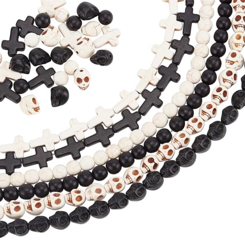 NBEADS 6 Stränge 3 Stile über 230 Stück Synthetischer Türkis Perlen, Runde/Schädel/Kreuz Edelsteinperlen Lose Stein Abstandshalter Perlen für Handwerk Halskette Armband Schmuck Machen, Schwarz/Weiß NBEADS 6 Stränge 3 Stile über 230 Stück Synthetischer Türkis Perlen, Runde/Schädel/Kreuz Edelsteinperlen Lose Stein Abstandshalter Perlen für Handwerk Halskette Armband Schmuck Machen, Schwarz/Weiß von nbeads