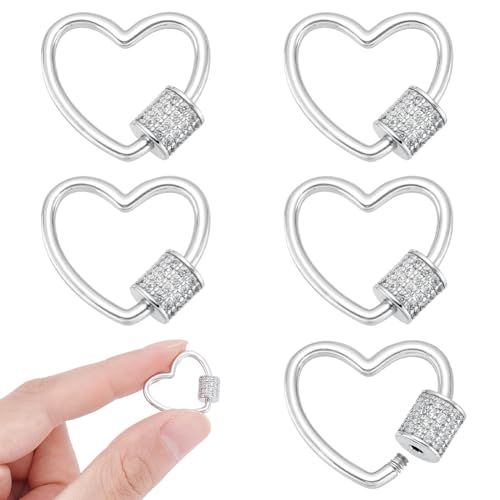 NBEADS 6 Stück Karabinerverschluss Anhänger Mit Schraubverschluss, Herzverschluss Verschlüsse Messing Mikro Pavé Zirkonia Karabinerverschluss Für Halsketten Handtaschen Schlüsselanhänger, Platin Farbe von nbeads