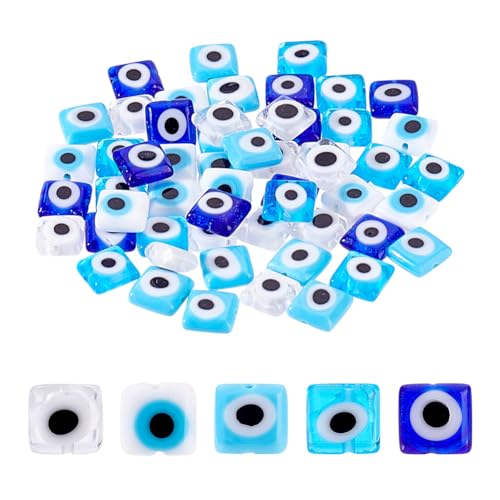 NBEADS 60 Stk. 5 Farben Böses Auge Perlen, 7,5 mm Quadratische Türkische Augenperlen Handgefertigt Böses Auge Lampwork Lose Abstandshalter Perlen für Schmuckherstellung DIY Craft, Loch: 0.6mm von nbeads
