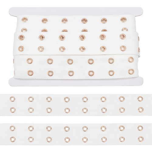 NBEADS 8 Yards Polyester Öse Band, 3.8cm Breite Polyester-Ösenleiste mit 2-reihigem Goldton Edelstähle Ösen Polyester Ösenband Twill für Kleidungsstück Korsett Hemd Kleid Rock, Weiß, Loch: 9mm von nbeads