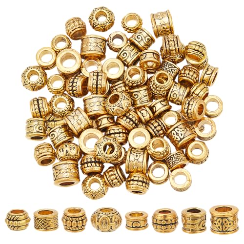NBEADS 80 Stk. 8 Stile Metall Perlen mit großem Loch, Tibetische Legierung Europäische Perlen Antike Goldene Abstandshalter Perlen Haar-Perlen für Halskette Armband Schmuckherstellung, Loch: 4,5-6mm von nbeads