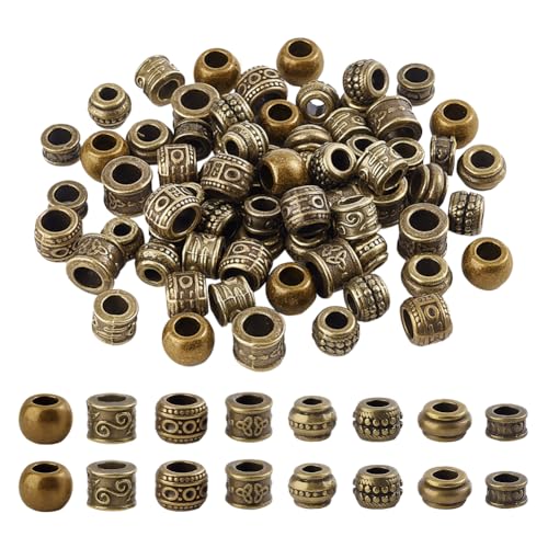 NBEADS 80 Stück Tibetischer Stil Großloch-Perlen, 8 Stile Afrikanische Haarperlen Legierung Europäische Abstandshalter Perlen für Armband Halskette DIY-Schmuck Machen, Antike Bronze, Loch: 4,5-6mm von nbeads