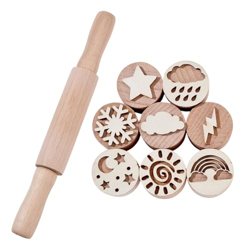 NBEADS 9 Stck. Holzstempel Knetmassen Set, Wetter Themen Stempel mit Nudelholz Tonstempel aus Holz für Ton Knete schneiden und DIY-Projekte von nbeads