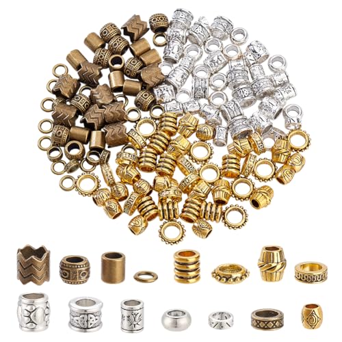 NBEADS Afrikanische Haarperlen, Bartperlen, große Haarperlen, tibetischer Stil, Legierung, Dreadlock-Perlen, afrikanische Perlen für Männer und Frauen, Haarschmuck, Silber/Gold/Bronze, Loch 5–9 mm, von nbeads