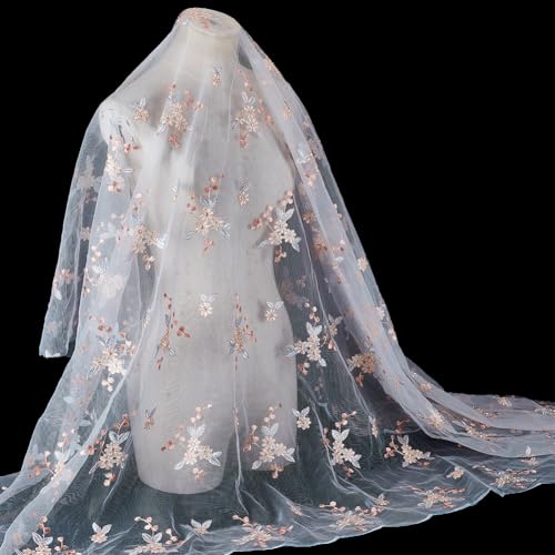 NBEADS Bestickter Blumenstoff, 1,5 Meter breit, 3D-Polyester-Mesh-Spitzenstoff zum Nähen, DIY, individuelle Kleidung, Partykleid, Heimdekoration, Beige von nbeads
