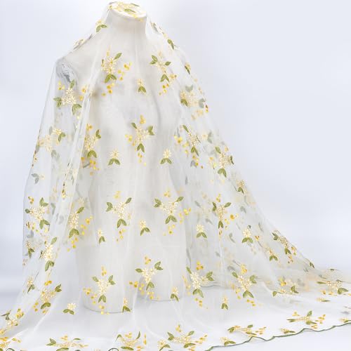 NBEADS Bestickter Blumenstoff, 1,5 Meter breit, 3D-Polyester-Netz-Spitzenstoff zum Nähen, DIY, individuelle Kleidung, Partykleid, Heimdekoration, Gelb von nbeads