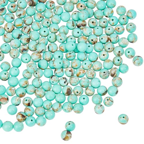 NBEADS Ca 190 Stück Türkis Perlenstränge, 4mm Natürliche Marmorperlen Dunkelcyan Erhitzt Rund Lose Edelsteinperlen Natürliche Lose Perlen Für Herstellung von Armbändern Und Halsketten von nbeads