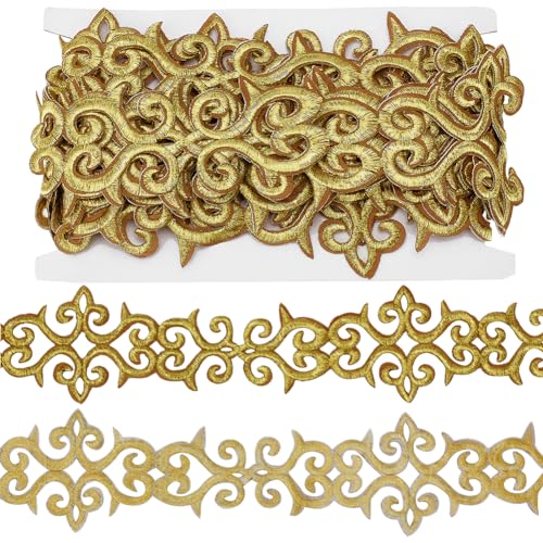 NBEADS Ca. 4.8 m Goldstickerei Spitzenband Borte, 7.5 mm Breite Selbstklebende Spitzenborte Zum Aufbügeln von Metallischer Blumenspitze Polyesterbänder Zum Nähen von Kostümen Bekleidungszubehör von nbeads