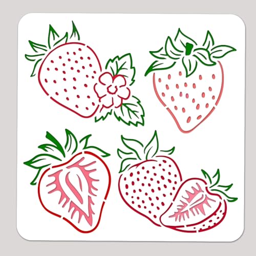 NBEADS Erdbeere Malerei Schablone, Wandvorlagen Mit Obstkern Blumen-Und Blattmuster Kunst-Und Bastelschablonen Aus PET Wiederverwendbare Vorlagen Für Wand Boden Holz Leinwand Möbeldekor, 30x30cm von nbeads