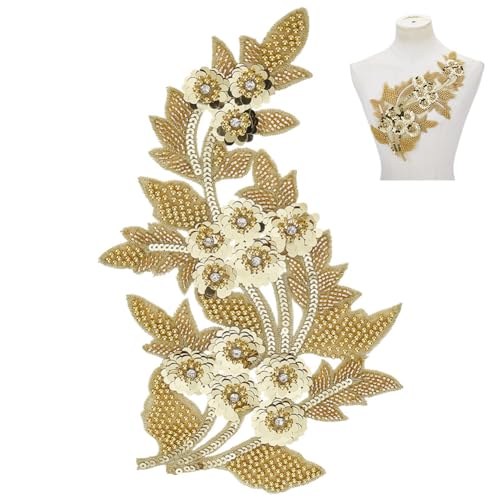 NBEADS Perlenbestickte Spitzenapplikation, 33.7x21.5x0.5cm Bestickte Spitzenapplikation Pailletten Stickerei Aufnäher Für Hochzeitskleid Kragendekor DIY Basteldekorationen, Gold von nbeads