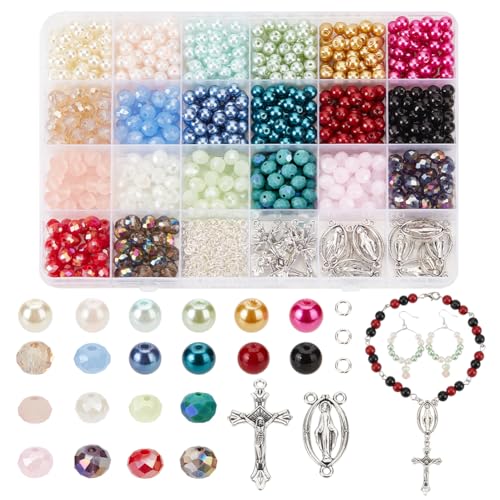 NBEADS Rosenkranz Kreuz Bausatz, 1120 Stück Bausatz Rosenkranzkreuz Kreuz Perlen Kit Glasperlen Schmuck Bastelset für Rosenkranz Ostern Armband Halskette Machen von nbeads