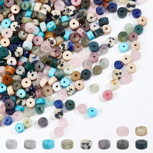 NBEADS Über 300 Stück Naturstein Heishi Perlen, 4mm 10 Stile Gemischte Scheibe Edelstein Perlen Flacher runder Stein Perlen lose Spacer Stein Perlen für Armband Schmuck machen, Loch: 0.6-0.8mm von nbeads