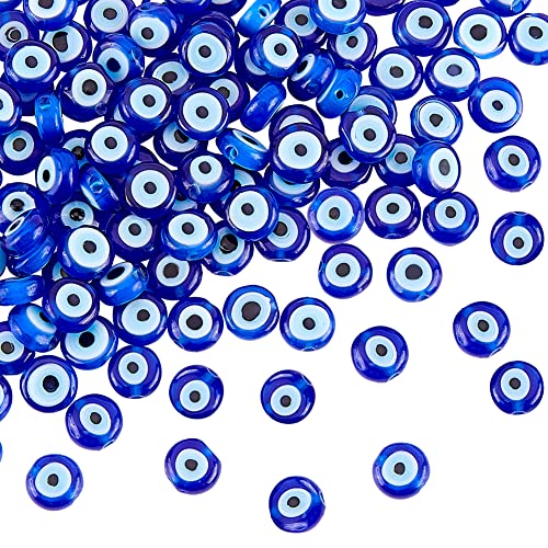 NBEADS ca. 130 Stück Lampwork Evil Eye Perlen, 6 mm Blaue Handgefertigte Lampwork Perlen Flach Rund Evil Eye Charms Türkisch Evil Eye Spacer Perlen Für Schmuck Halskette Armband Ohrringe von nbeads