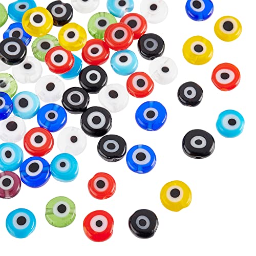 nbeads ca. 64 Stück Evil Eye Lampwork Perlen, 6mm Handgefertigte Flache Runde Evil Eye Glasperlen mit bösem Auge, bösen Blicks Perlen für Schmuck Halskette Armband Ohrringe, Gemischte Farben von nbeads