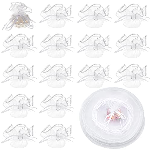 nbeads 100 Stück Organza Taschen, Durchmesser 26 cm Runde Kordelzug Organzabeutel Schmuck Geschenkbeutel Mit Pailletten Für Geburtstag Hochzeit Party Taufe, Weiß von nbeads