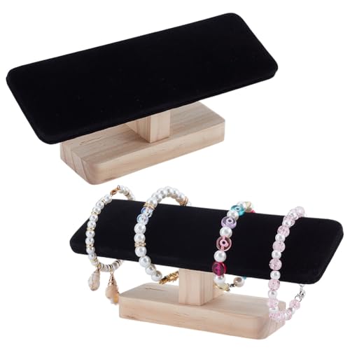 nbeads 2 Stück Holz Armbandständer Display, 19.7x6x8.5 cm T-Bar Uhrenständer Armbandhalter Samt Schmuck Organizer Armreif-Anhänger Tower Rack für den Einzelhandel Verkaufen, Schwarz von nbeads