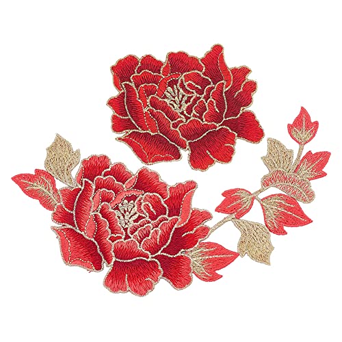 nbeads 2 Stück Stickerei-Pfingstrosen-Blumen-Patches, 2 Stile Zum Aufnähen von Pfingstrosen-Blumenflicken DIY-Stickapplikationen Für Kleidung Dekoration Reparatur Nähen Basteln Dunkelrot von nbeads