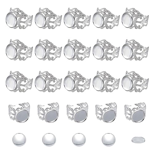 nbeads 20 Sets Blank Ringe Manschette, Silber Leere Tabletts Lünette Einstellungen mit klaren Glas Cabochons Metall Manschette Lünette Ringe Sets für Cameo Ringe Foto-Schmuck Halskette Kunsthandwerk von nbeads