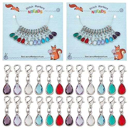 nbeads 24 Stück Maschenmarkierer, Geburtsstein-Stil Tränen-Facetten-Glas-Charms-Anhänger Abnehmbarer Karabinerverschluss Verriegelungsmaschenmarkierer zum Stricken Weben Nähen Quilten Zubehör von nbeads