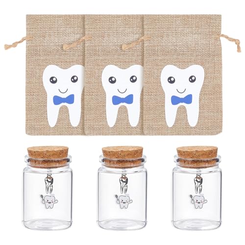 nbeads 3 Stk. 5,5cm Zahn Glasflaschen, Glasflaschen mit Kork Erste Zahn Glas Keepsake mit 3 Stk. Blaue Fairy Tooth Taschen für Aufbewahrung von Erinnerungen von nbeads